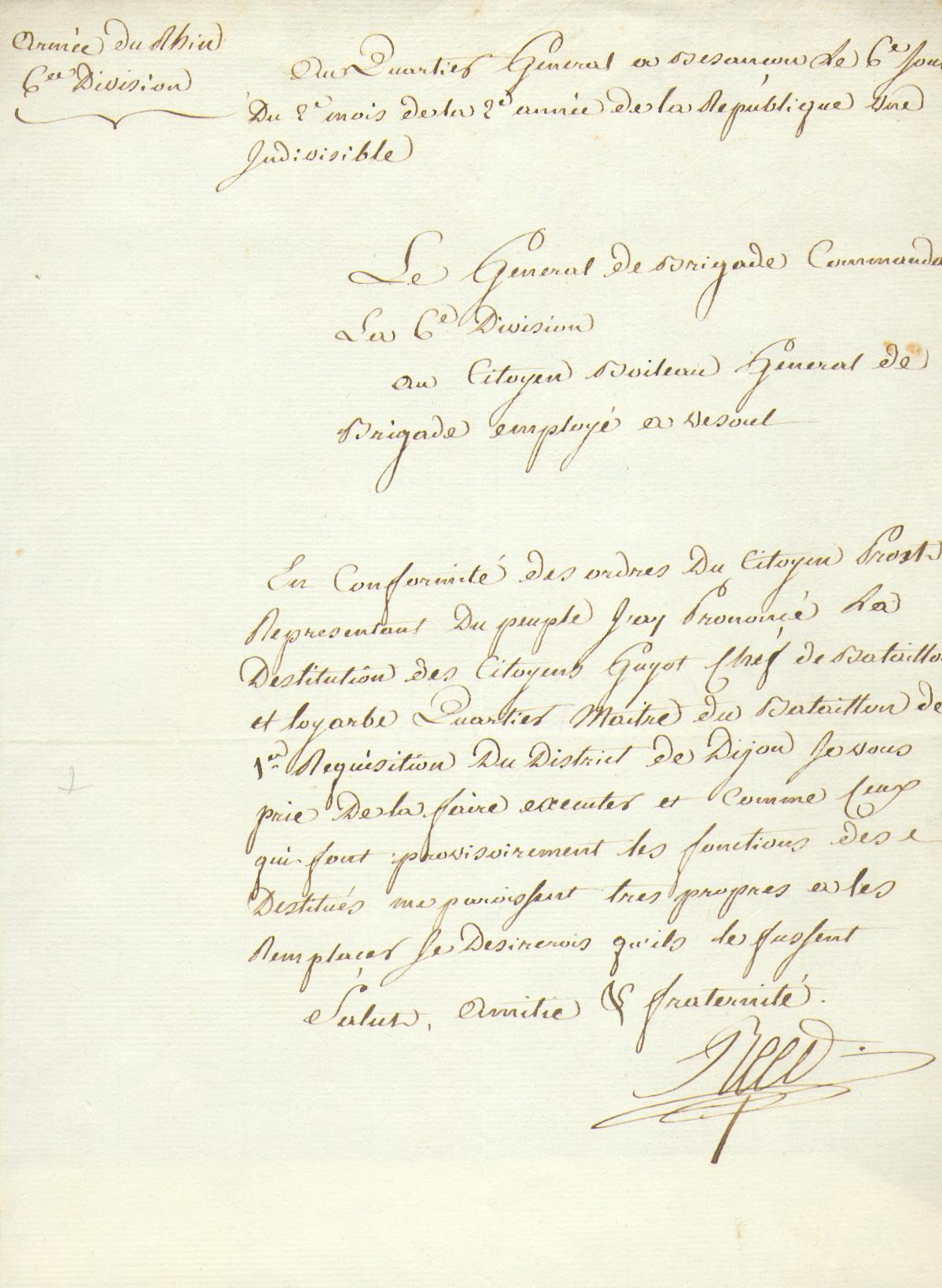 ARMEE DU RHIN.-  REED, Jean Joseph Edouard (Gravelines 1739- Bthune 1819), General der Revolution: - Brief mit Unterschrift als Kommandant der 6. Division an General BOILLAUD in Vesoul.