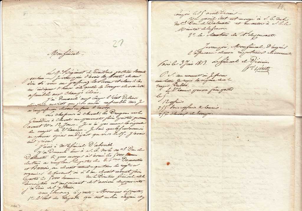 KAISERLICHE GARDE.- DERIOT, Albert Francois (Clairvaux 1766 - Paris 1836). General 1811: - Brief mit Unterschrift an General Caffarelli.  Aufmarsch auf den Champs Elyses