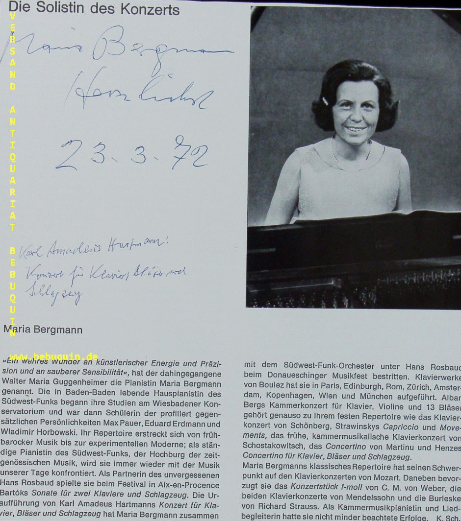 BERGMANN, Maria (Pianistin): - eigenhndig signiertes und datiertes Programblatt.