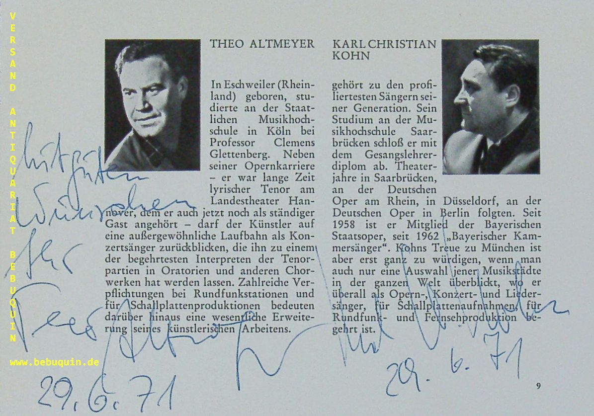 ALTMEYER, Theo (Tenor) + KOHN, Karl Christian (Bass): - 2 eigenhndige Signaturen auf Programmheft.