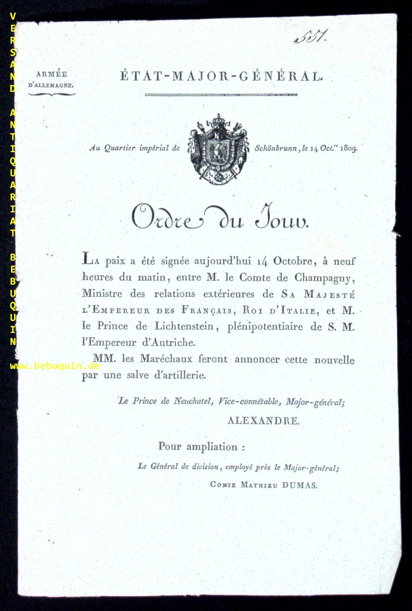 NAPOLEON.-  BERTHIER, Alexandre (1753-1815), Marschall: - Ordre du Jour vom Tag des Friedens von Schnbrunn.