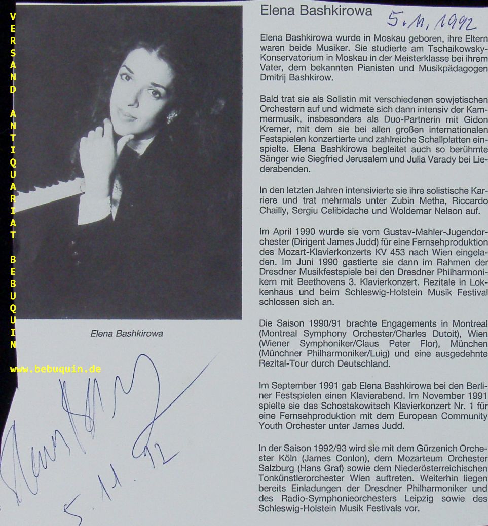BASHKIROVA, Elena (Pianistin): - eigenhndig signierte und datierte Portraitseite.