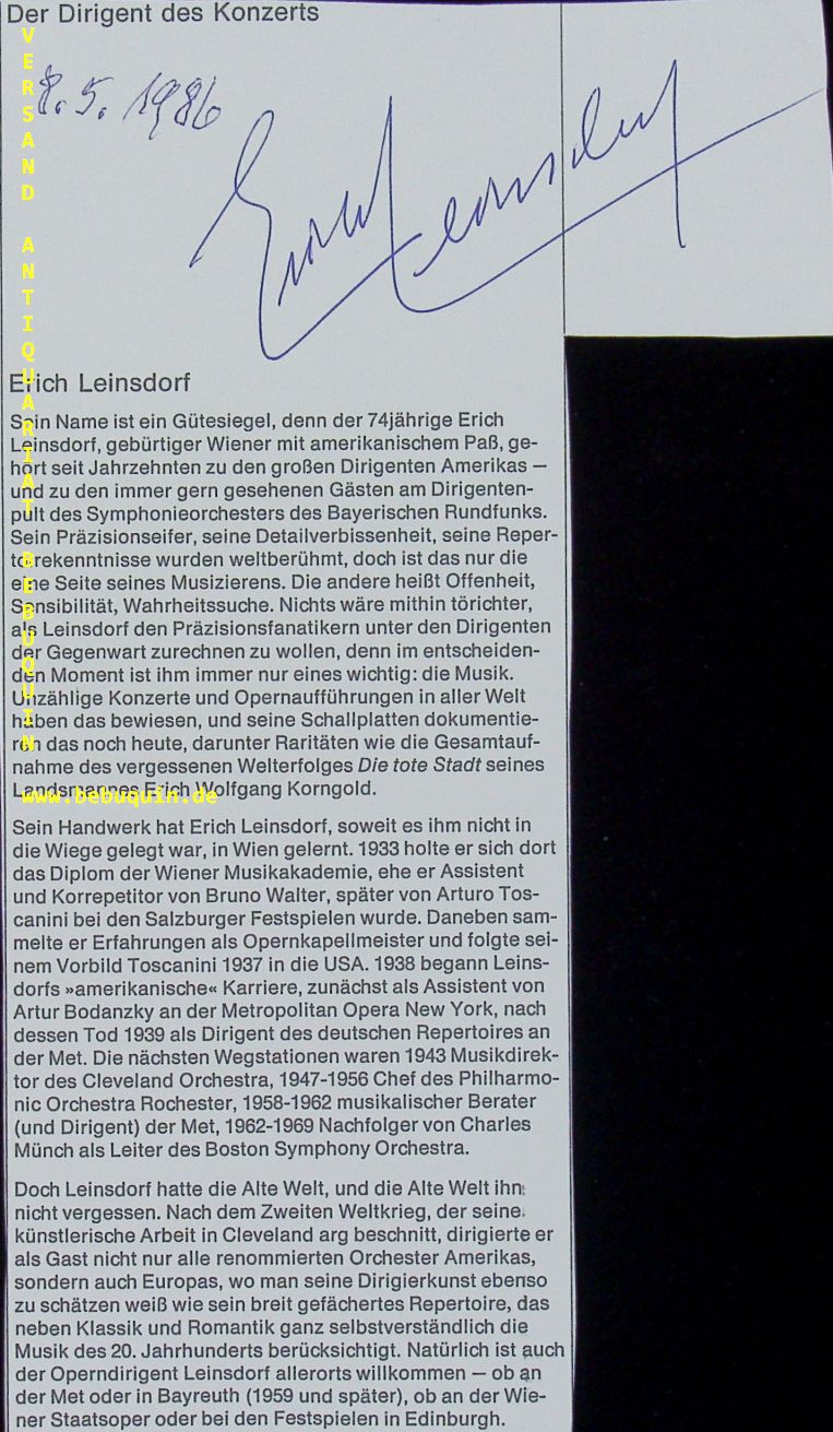 LEINSDORF, Erich (Dirigent): - eigenhndig signierte und datierte Portraitseite.
