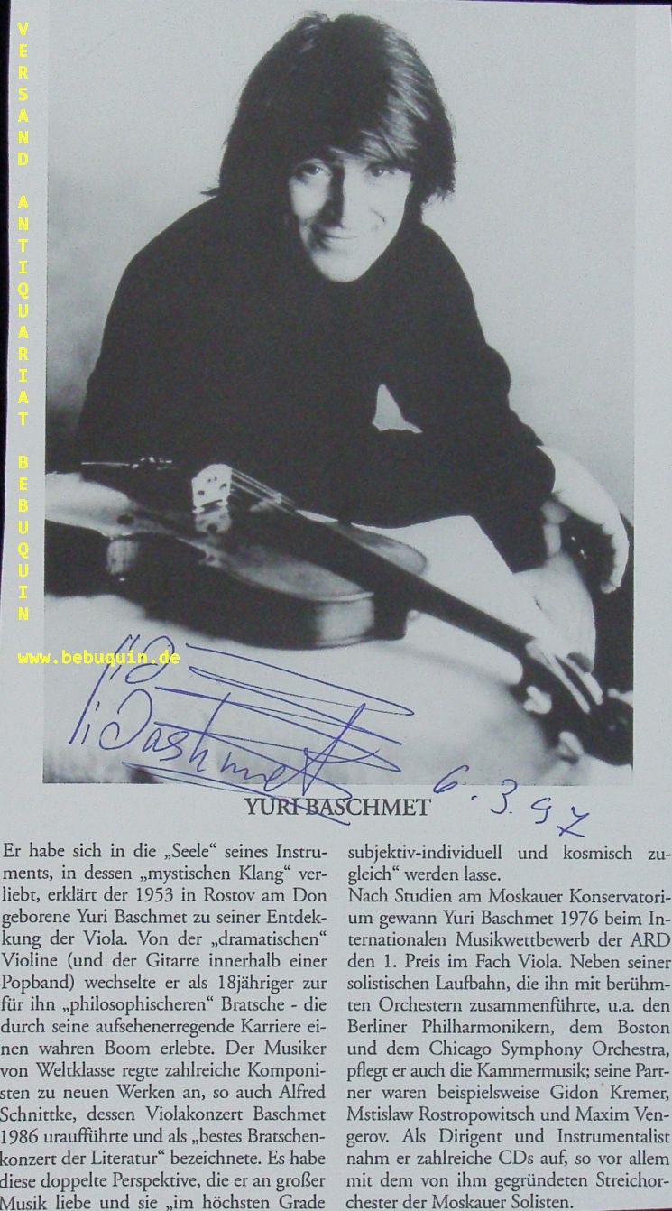 BASHMET, Yuri (Bratschist, Dirigent): - eigenhndig signierte und datierte Portraitseite.