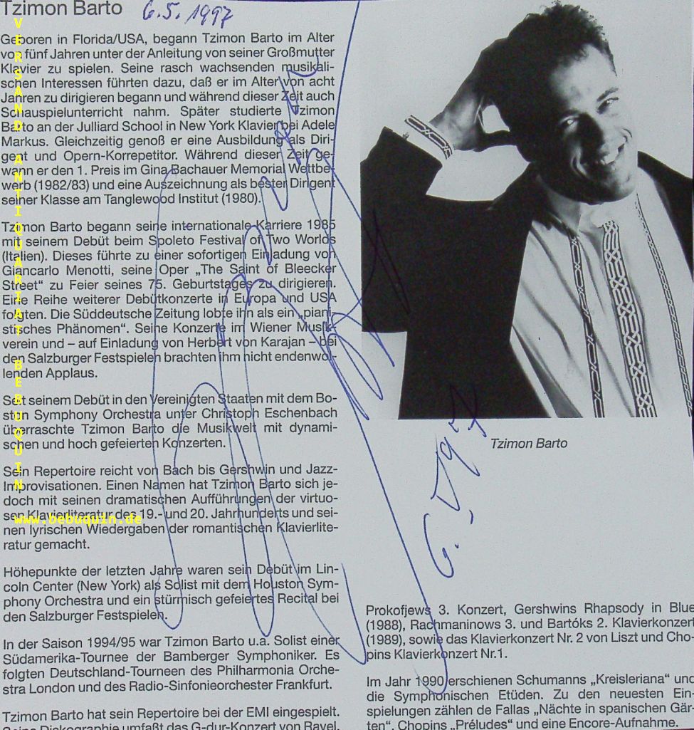 BARTO, Tzimon (Pianist): - eigenhndig signierte und datierte Portraitseite.
