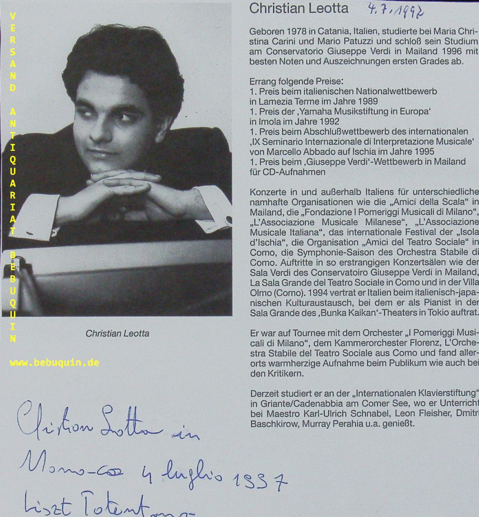LEOTTA, Christian (Pianist): - eigenhndig signierte und datierte Portraitseite.