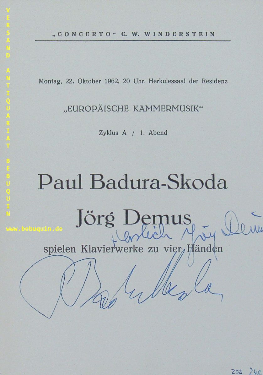 BADURA-SKODA, Paul + DEMUS, Jrg (Pianisten): - eigenhndig von beiden  signierte Programmseite: Herzlich.