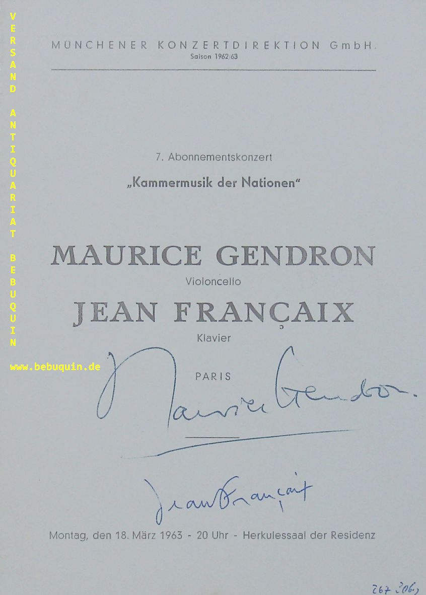 FRANCAIX, Jean (Komponist) + GENDRON, Maurice (Cellist):: - eigenhndig von beiden signierte Programmseite.