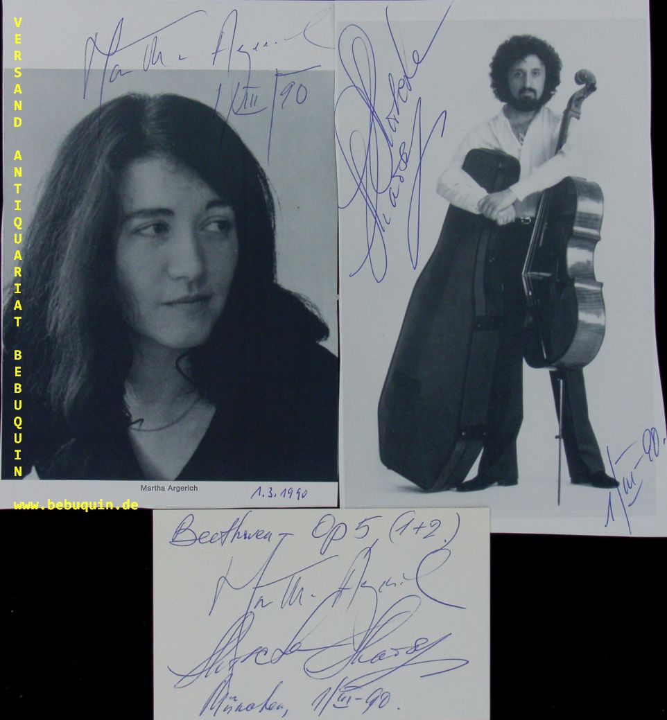 ARGERICH, Martha (Pianistin) + MAISKY, Mischa (Cellist): - eigenhndig von beiden signierte und datierte Autogrammkarte sowie jeweils eine signierte und datierte Portraitseite..