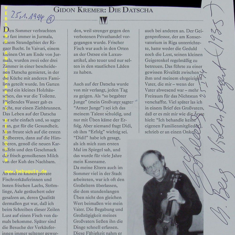 KREMER, Gidon (Violinist): - eigenhndig signiertes  Portrait aus Programmheft: Die Datscha.