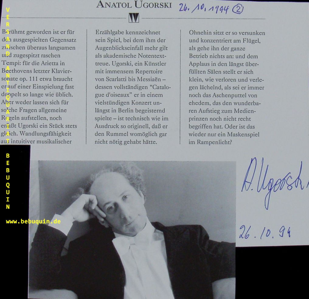 UGORSKI, Anatol (Pianist): - eigenhndig signierte und datierte Portraitseite.