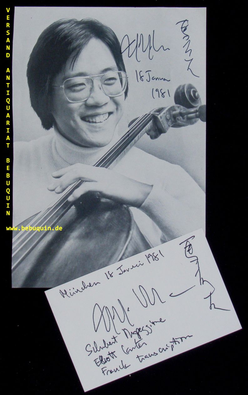 YO YO MA (Cellist): - eigenhndig zweisprachig signierte und datierte Portraitseite (sehr schn) + eigenhndig zweisprachig signierte und datierte Autogrammkarte..