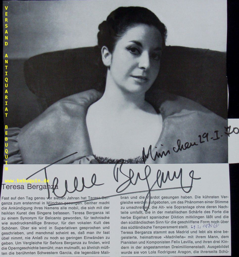 BERGANZA, Teresa (Mezzosopran): - eigenhndig signiertes und datiertes Portrait aus Programmheft.