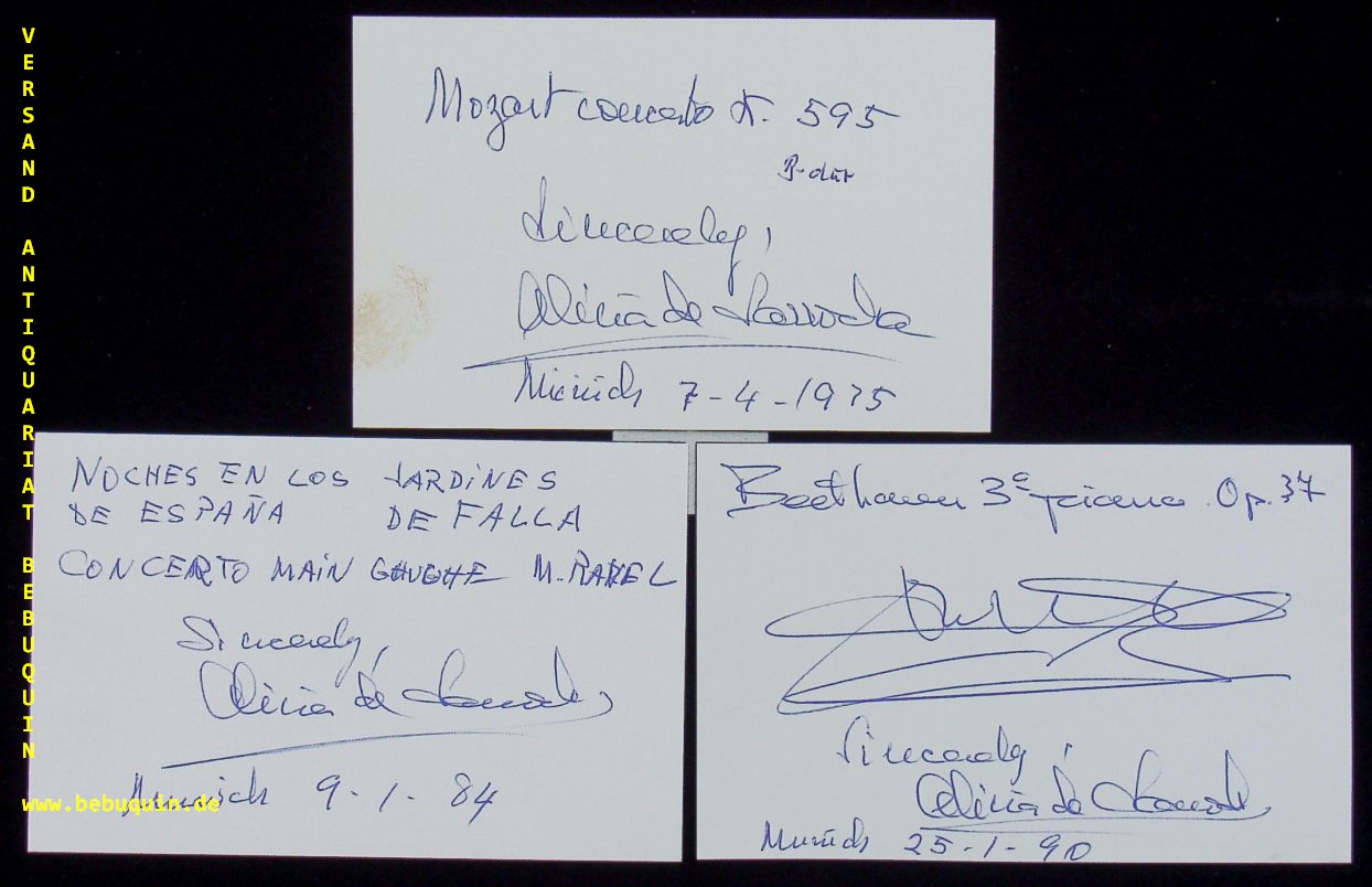 LARROCHA, Alicia de (Pianistin): - 3 eigenhndig signierte und datierten Autogrammkarten: jeweils sincerly.