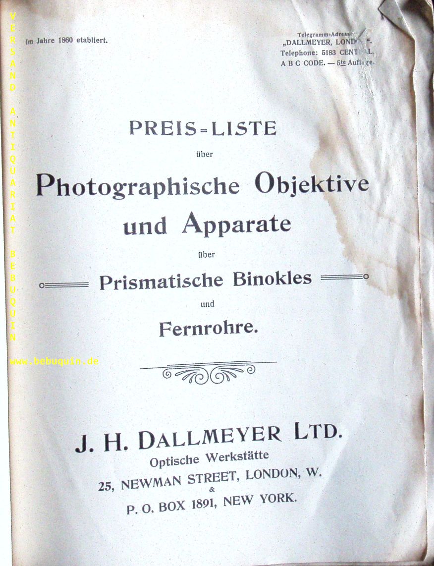 TECHNIK.-  DALLMEYER, J.H.: - Preis-Liste ber Photographische Objektive und Apparate ber Prismatische Binokles und Fernrohre. Optische Werksttte.