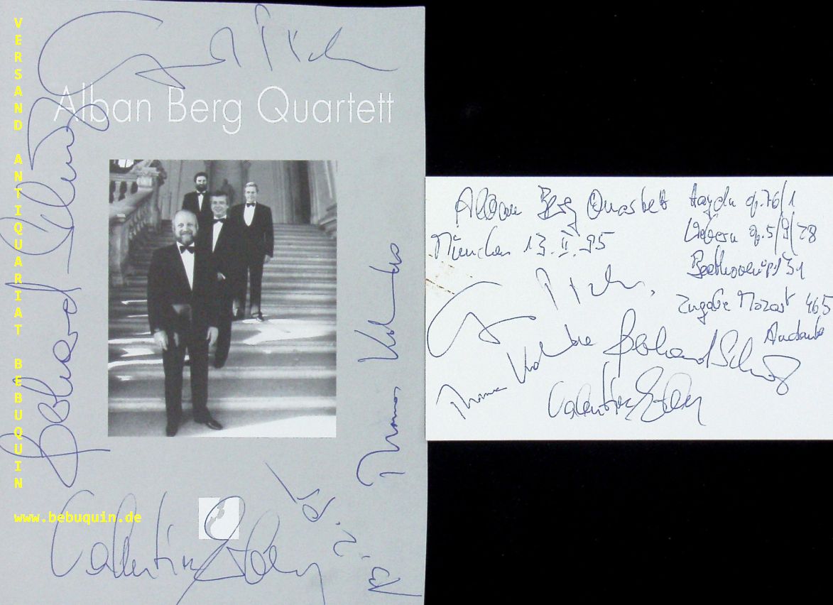 ALBAN BERG QUARTETT.- PICHLER, Gnter + SCHULZ, Gerhard + KAKUSKA, Thomas + ERBEN, Valentin: - eigenhndig von allen signierte und datierte Autogrammkarte und ebensolche Portraitseite.