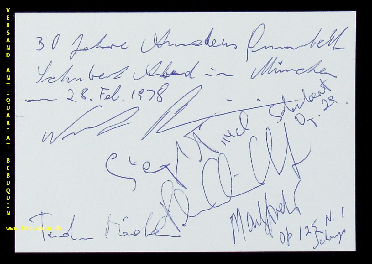 AMADEUS QUARTET.-  SCHIDLOF, Peter + BRAININ, Norbert + NISSEL, Siegmund + LOVETT, Martin: - eigenhndig von allen signierte und datierte Autogrammkarte.