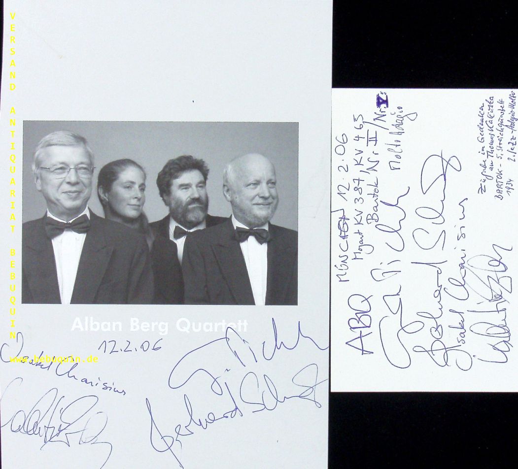 ALBAN BERG QUARTETT.- PICHLER, Gnter + SCHULZ, Gerhard + CHARISIUS, Isabel + ERBEN, Valentin: - eigenhndig von allen signierte und datierte Autogrammkarte und ebensolche Portraitseite.