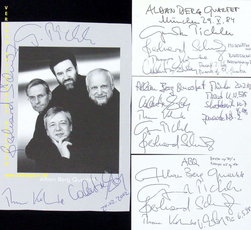 ALBAN BERG QUARTETT.- PICHLER, Gnter + SCHULZ, Gerhard + KAKUSKA, Thomas + ERBEN, Valentin: - 3 eigenhndig von allen signierte und datierte Autogrammkarte und eine von allen signierte Portraitseite.