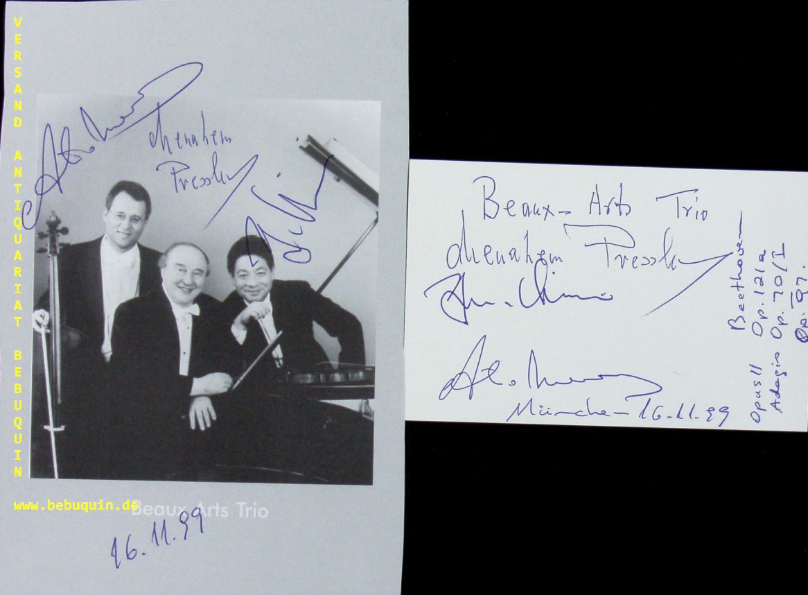 BEAUX ARTS TRIO.-  PRESSLER, Menahem (Pianist) + KIM, Young Uck (Violinist) + MENESES, Antonio (Cellist): - eigenhndig von allen drei Knstlern signierte und datierte Autogrammkarte + ebenso signierte Portraitseite.