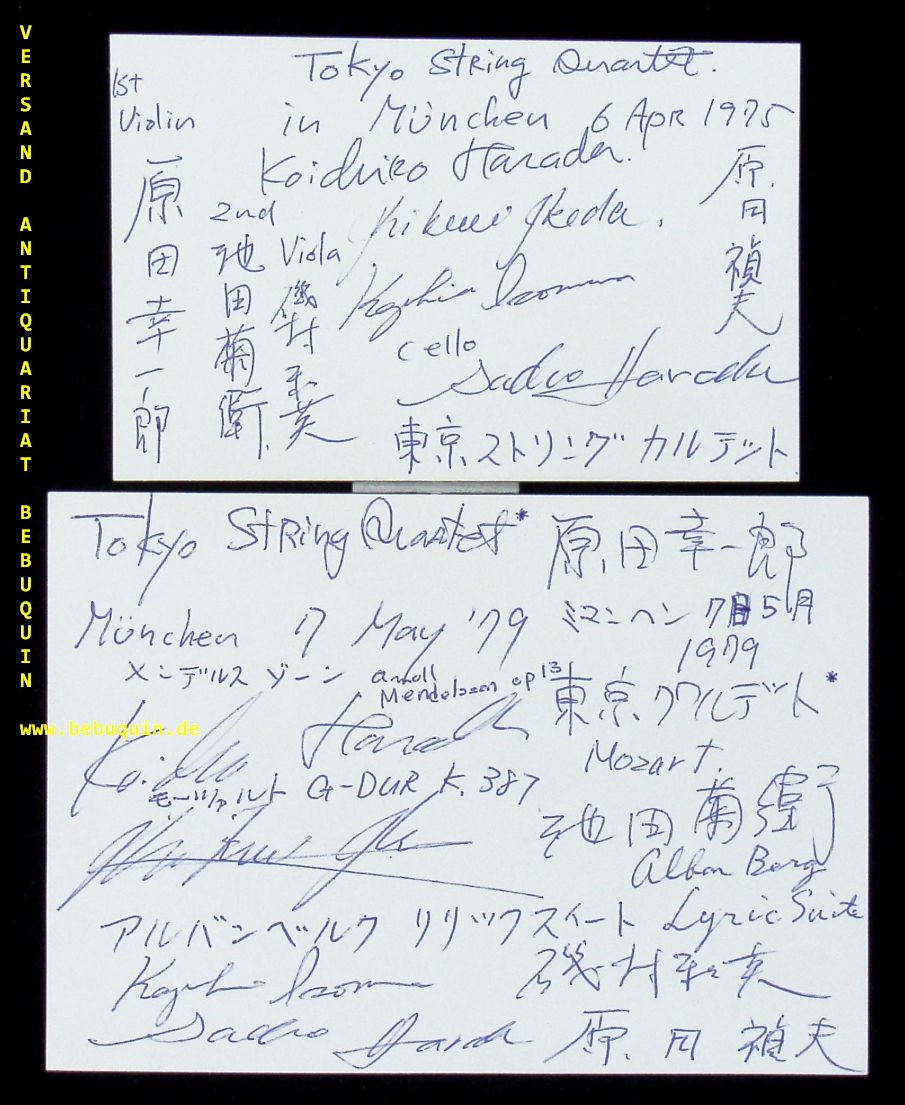 TOKYO STRING QUARTET:   HARADA, Koichiro + IKEDA, Kikuei + ISOMURA, Kazuhide + HARADA, Sadao: - 2 eigenhndig von allen signierte und datierte Autogrammkarte.