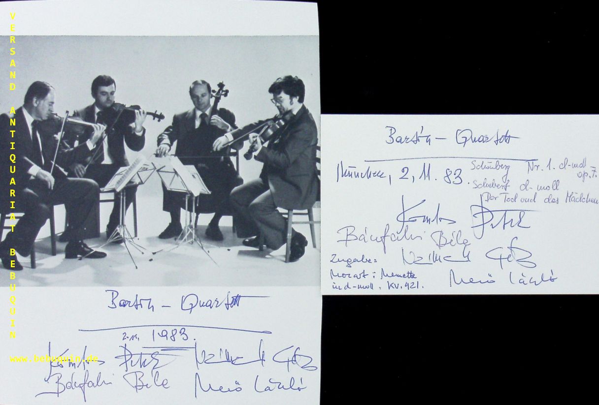 BARTOK QUARTETT.- KOMLOS, Peter + BANVALVY, Bela + NEMETH, Geza + MEZO, Laszlo: - eigenhndig signierte und datierte Autogrammkarte + ebensolche Portraitseite.