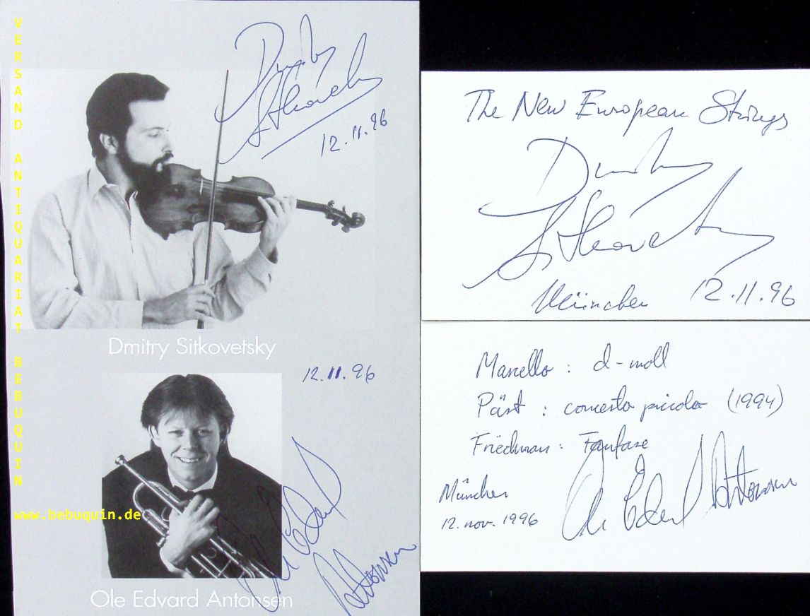 ANTONSEN, Ole Edvard (Trompeter) + SITKOVETSKY, Dmitry (Violinist): - 2 eigenhndig signierte und datierte Autogrammkarten sowie eigenhndig von beiden signierte und datierte Portraiseite.