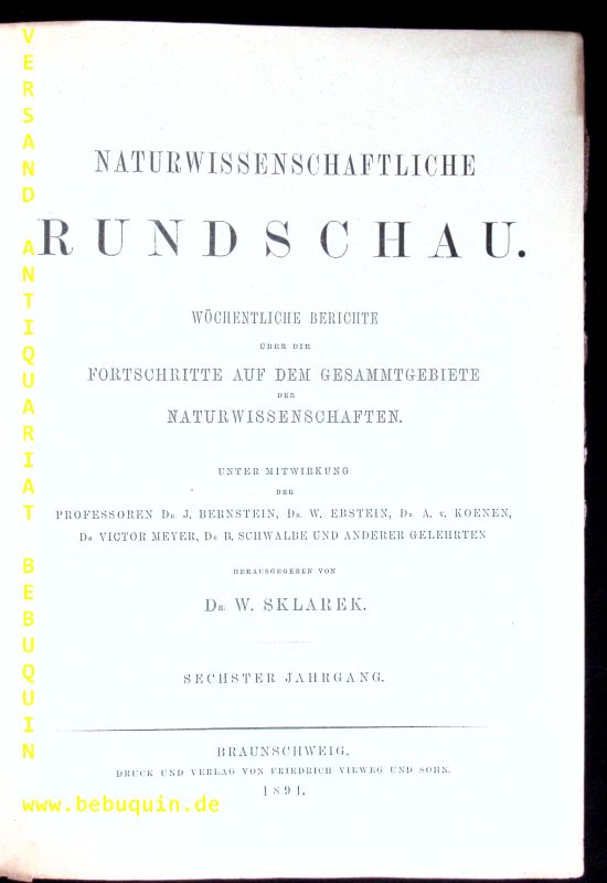 NATURWISSENSCHAFTEN.-  SKLAREK, W.: - (Hrsg.) Naturwissenschaftliche Rundschau. Unter Mitwirkung von Bernstein, Ebstein, Koenen, Schwalbe u.a.