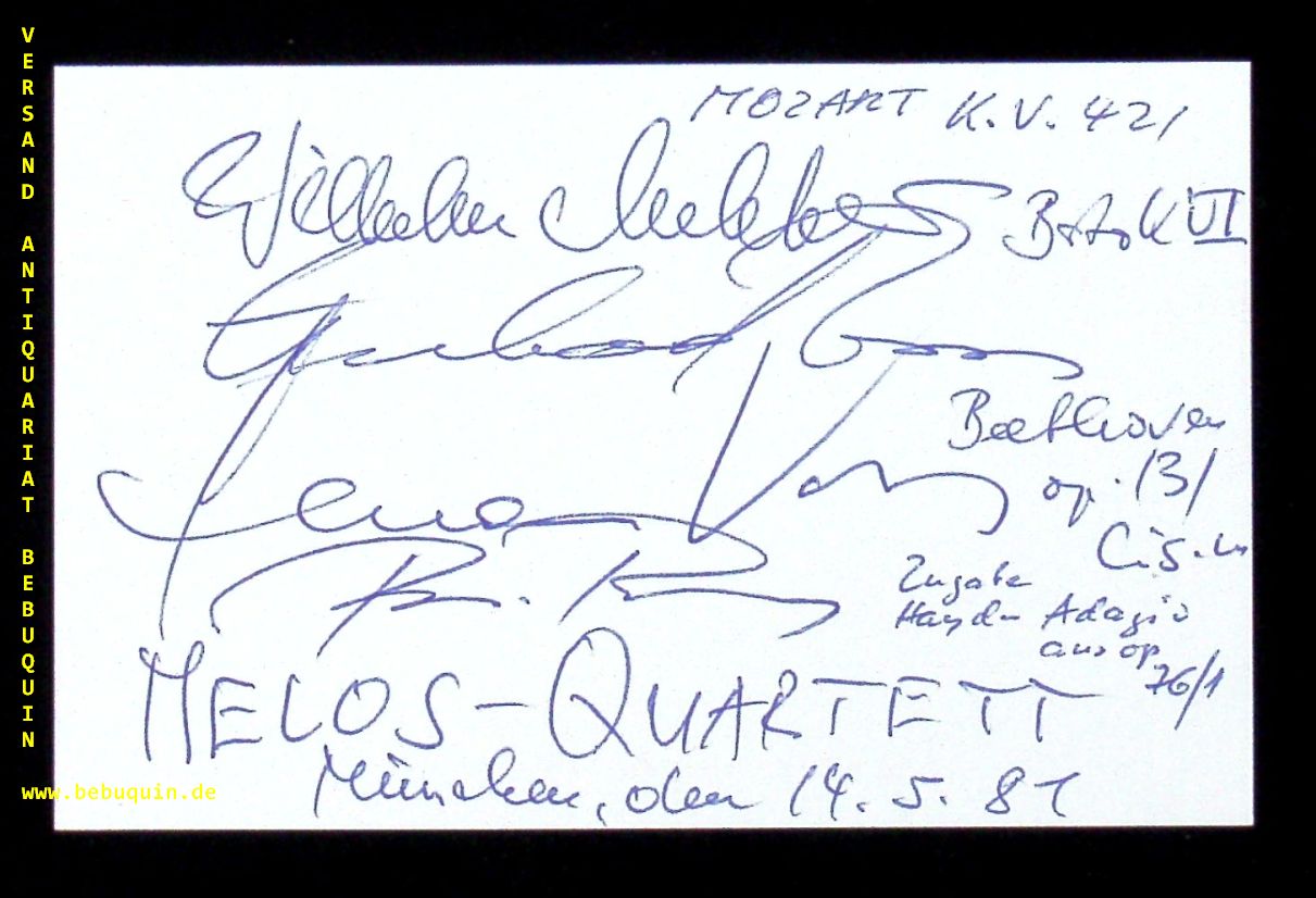 MELOS QUARTETT.-  GLEISSNER, Rudolf (Cellist) + MELCHER, Wilhelm + VOSS, Gerhard + Hermann + BUCK, Peter: - eigenhndig von allen signierte und datierte Autogrammkarte.