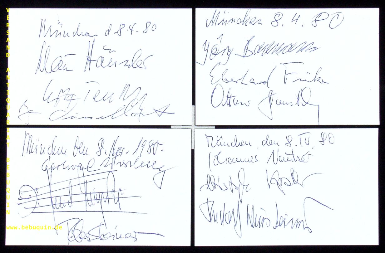 12 CELLISTEN DER BERLINER PHILHARMONIKER.-  BORWITZKY, Ottomar + FINKE, Eberhard + WEINSHEIMER, Rudolf + STEINER, Peter + WOSCHNY, Gerhard + WEINSHEIMER, Rudolf + KAPLER, Christoph + HUSSLER, Klaus + BAUMAN, Jrg + TEUTSCH, Gtz: - 4 eigenhndig von allen signierte und datierte Autogrammkarten.
