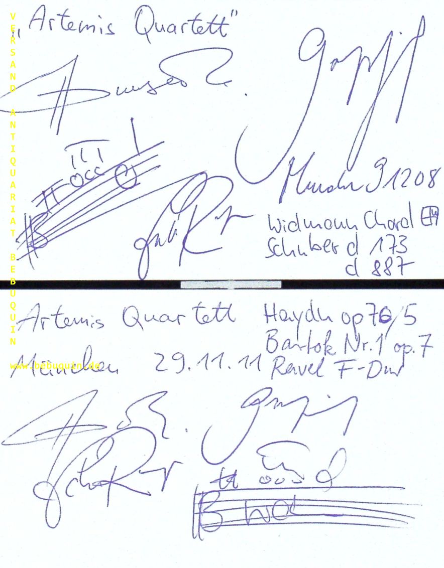 ARTEMIS QUARTETT.- PRISHEPENKO, Natalia + SIGL, Gregor + WEIGLE, Friedemann + RUNGE, Eckart: - 2 eigenhndig von allen signierte und datierte Autogrammkarte.