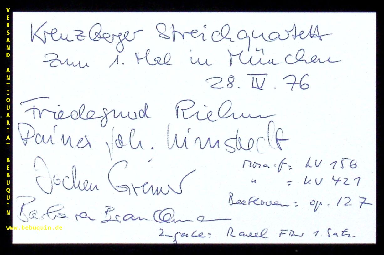 KREUZBERGER STREICHQUARTETT.- GRONICH, Ilan + RIEHM, Friedegrund + GREINER, Hans Joachim + GERSCHWITZ, Peter: - eigenhndig von allen signierte und datierte Autogrammkarte.