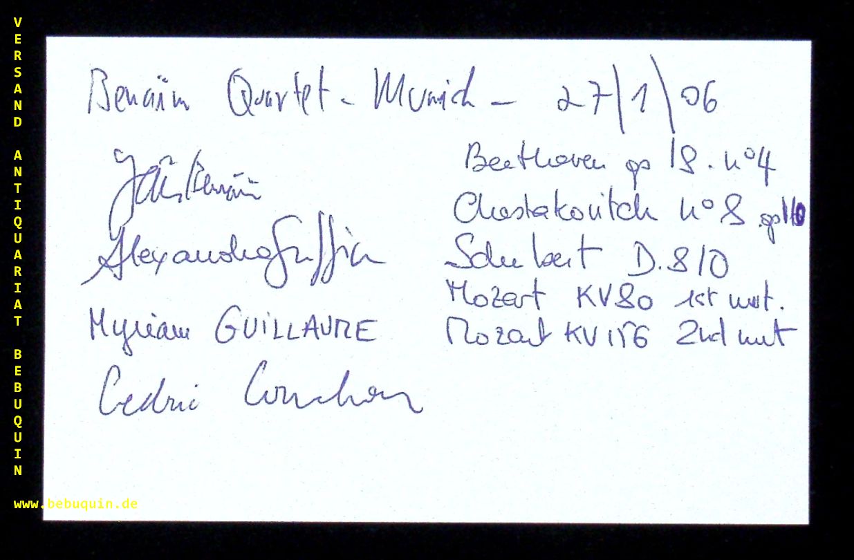 BENAIM QUARTETT.- BENAIM, Yair + GREFFIN, Alexandra + GUILLAUME, Myriam + CONCHON, Cedric: - eigenhndig von allen signierte und datierte Autogrammkarte.