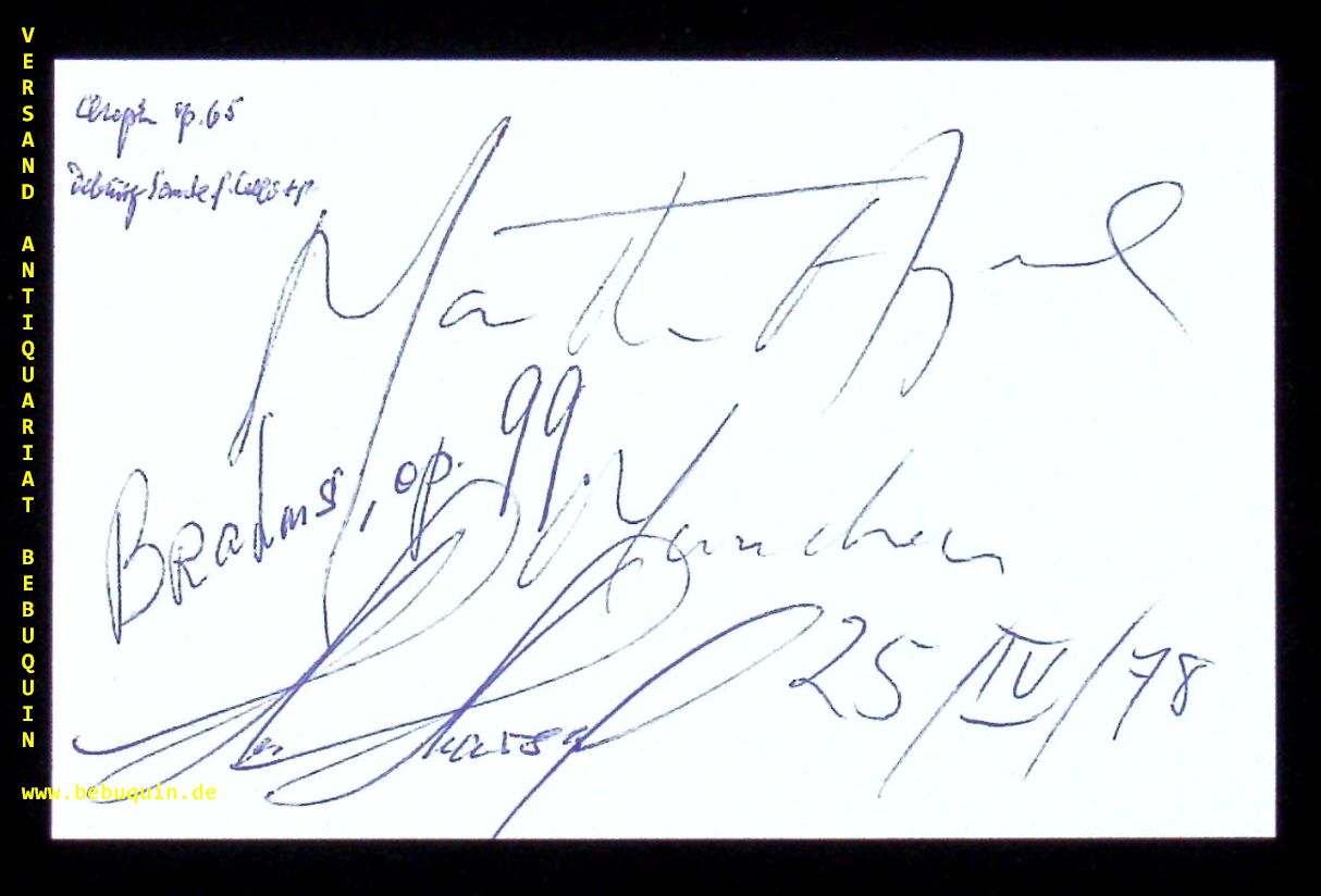 ARGERICH, Martha (Pianistin) + MAISKY, Mischa (Cellist): - eigenhndig von beiden signierte und datierte Autogrammkarte.