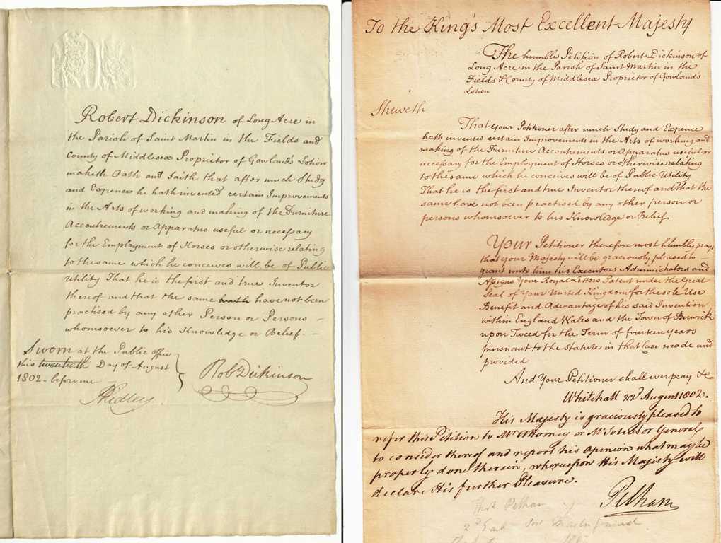 PELHAM, Thomas, Earl of Chichester (17561826), Innenminister.- - Eigenhndiger Patentantrag betreffend eine veterinrmedizinische Erfindung, Pferdehaltung betreffend, von Robert DICKINSON. Hierauf der ausfhrliche Bearbeitungsvermerk des Innenministers mit dessen eigenhndiger Signatur.
